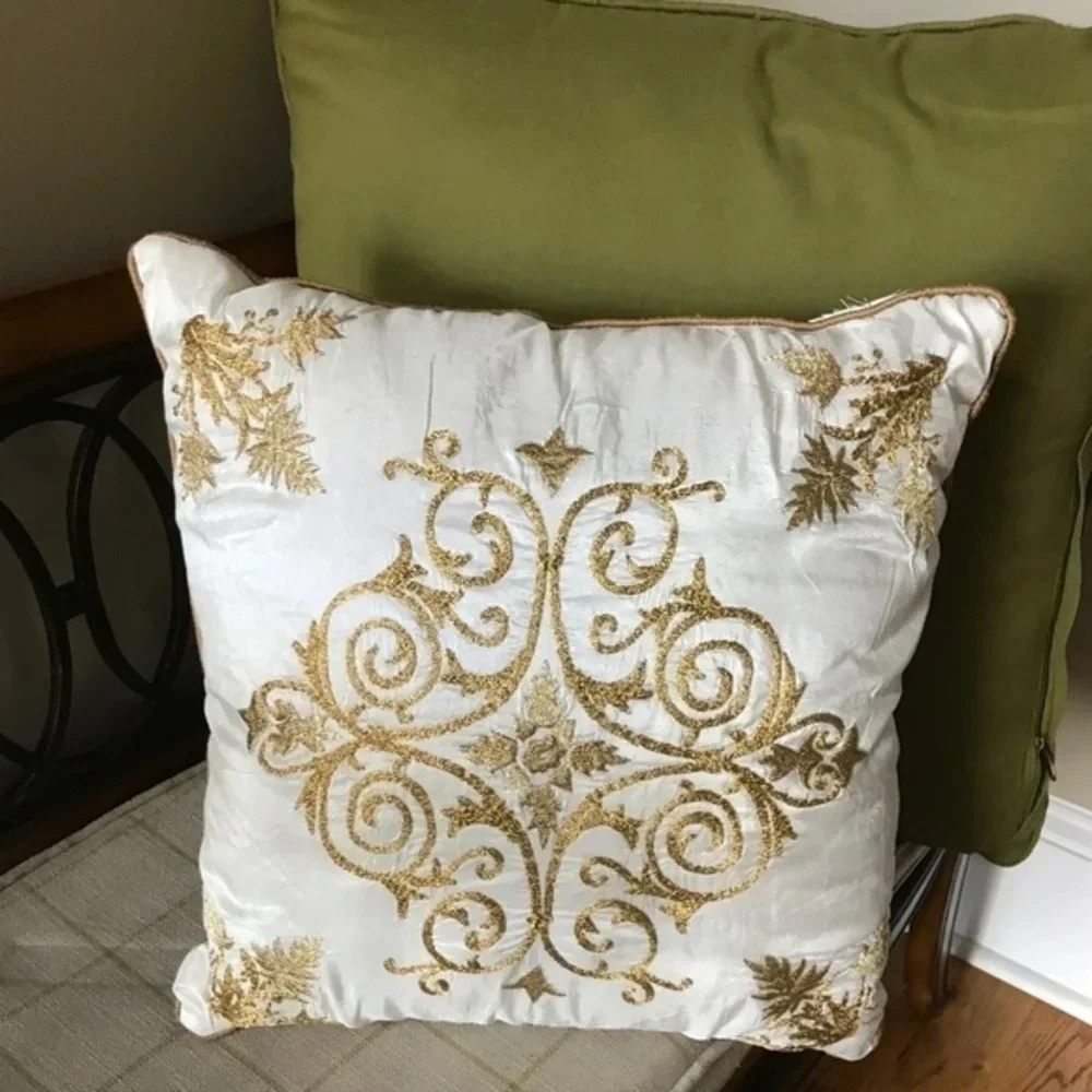 Pier 1 White and Gold Embroidered Throw Pillow
